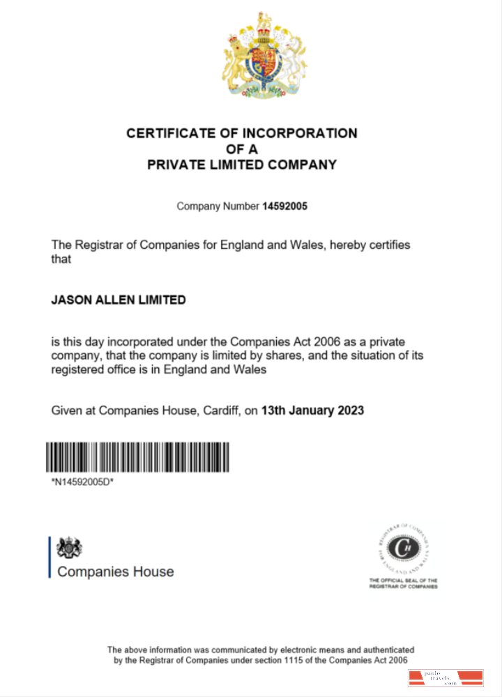 England and Wales certificate of incorporation registration